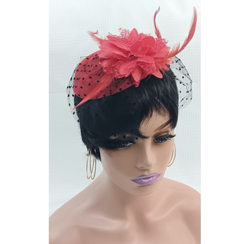 Vintage Style Red Fascinator Hat Faux Feather‎ Polka Dot Veil Hair Clip Pillbox